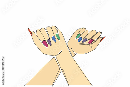 Single one line drawing a pair of crossed hands showing colorful nails. Pose for a digital advertisement. Showing the beauty of a nail. Beautiful. Nail Day. Continuous line design graphic illustration