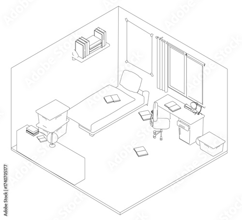 Children's room contour drawing features a bed, desk, chair, bookshelf, and window with curtains. Isometric view.