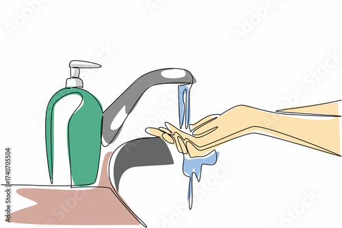 Continuous one line drawing hands are being washed in the sink. Measures to prevent the spread of viruses and germs. Healthcare. World Hand Hygiene Day. Single line draw design vector illustration