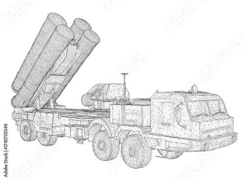 Animated 3D wireframe model of a military missile launcher truck in motion. The vehicle features a large missile on its back and is set against a clean white background.