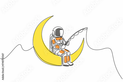 Single one line drawing astronaut fishing while sitting on the crescent moon. Relaxing. Spending free time. Off duty. The cosmonaut. National Astronaut Day. Continuous line design graphic illustration