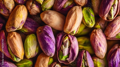 Macro image shows vibrant and colorful pistachios for healthy snack concept