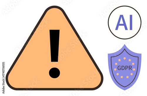 Exclamation triangle adjacent to AI text and GDPR shield, symbolizing data security, compliance, and ethical AI. Ideal for technology, law, warning, regulation policy privacy risk themes. Simple