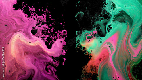 Abstract fluid painting in pink, black and green hues forming liquid swirls. Creative colorful art backdrop with dreamy texture and dynamic movement.
