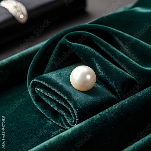 pure pearl good shape sphere with silk and velvet  textures surrounded by colorful reflective Easter eggs and space elements