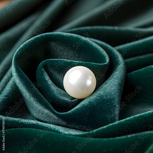 White pearl necklace close up with black spheres and blue space background