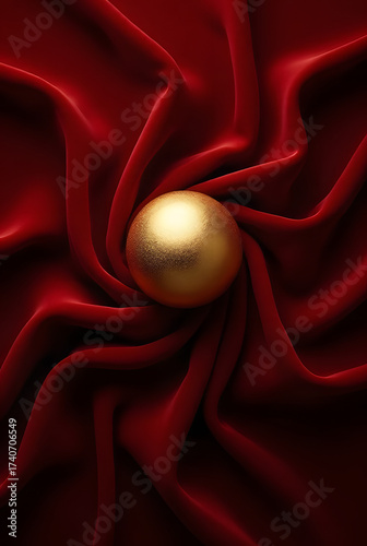 Golden ball on dark red velvet silk satin fabric with smooth shiny luxury texture and elegant rippled waves background. Commercial, 
