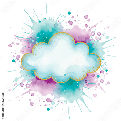 Dreamy cloud frame with a soft watercolor texture and a golden glitter border, set against an explosive turquoise and purple paint splash background. Cute and playful design element.