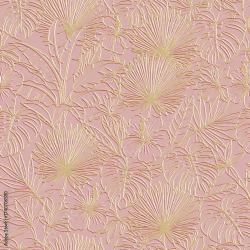 3d seamless tropical floral vector pattern featuring embossed gold line art of palm leaves, monstera and hibiscus flowers on a dusty rose pink background. Luxurious, feminine jungle print design.