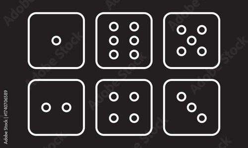 Game dice icons. Set of six dice faces showing numbers one to six. Dice game flat vector. Dot on cube of casino. Vector illustration.