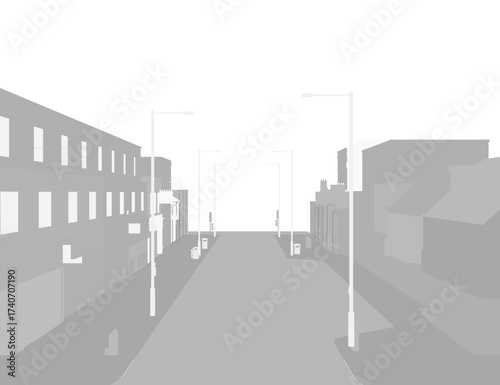 Empty street with buildings and glowing streetlights creates a timeless silhouette in a classic black and white town scene.