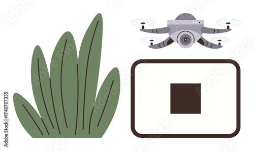 Surveillance quadcopter hovering near a green shrub sending data to a connected tracking display. Ideal for technology, automation, farming, surveillance, innovation, Quadcopter delivery, remote