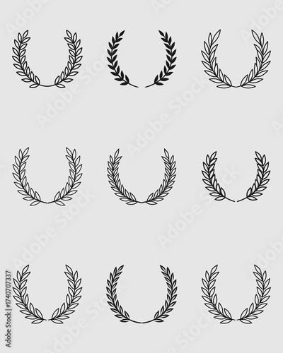 Set of wreaths and branches with leaves. Hand drawing laurel wreaths and branches collection. Laurels wreaths, swirls, twigs and flower ornaments .Black Laurel Wreath Vector Graphic on White Backgroug