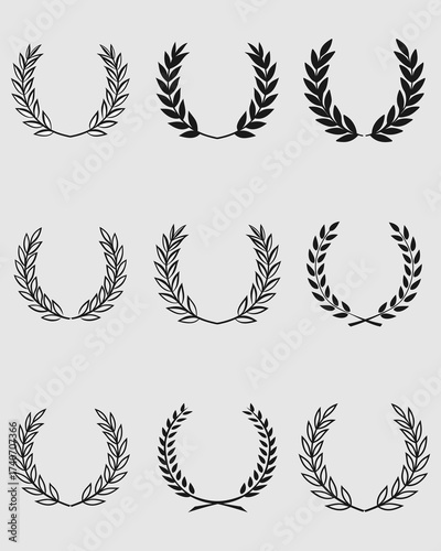 Set of wreaths and branches with leaves. Hand drawing laurel wreaths and branches collection. Laurels wreaths, swirls, twigs and flower ornaments .Black Laurel Wreath Vector Graphic on White Backgroug