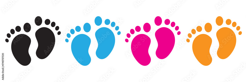 Fototapeta premium Baby footprint silhouettes. Baby feet sign. pairs of pink and blue, yellow, black footprints. Vector Illustration