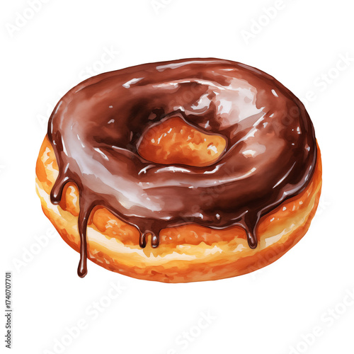 Cutout Watercolor Illustration of a Chocolate Glazed Doughnut. Generative AI Image.