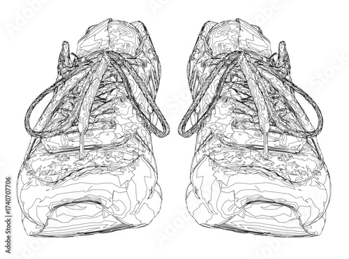 Sneakers sketched in detailed contour, featuring clearly defined laces and a visible tongue against a white background.