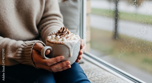 Person holding mug of hot chocolate with marshmallows and whipped cream
