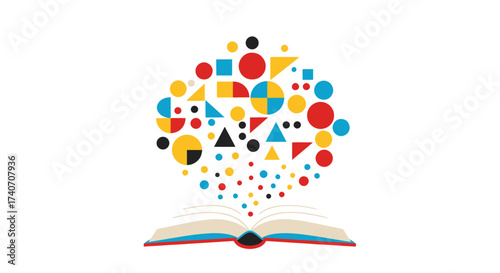 Unlock your creative potential with colorful shapes and open book, perfect for education, design inspiration, and modern learning resources