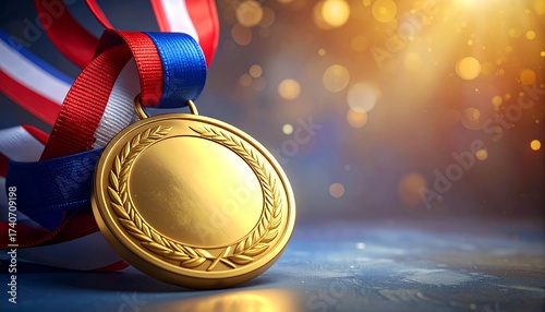 gold medal with ribbon on blue background