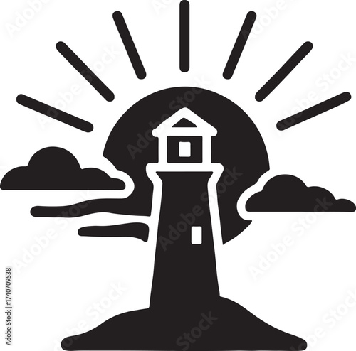 Lighthouse with sunset sky vector, perfect for coastal, nautical, travel, and scenic design projects.