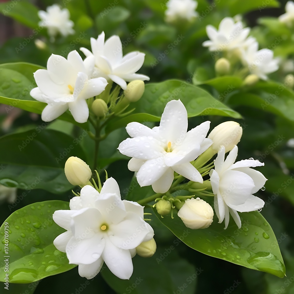 Obraz premium Fragrant Jasmine Blossoms - A Close-Up of White Flowers and Buds.