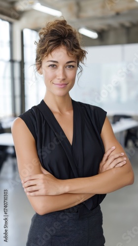 Independent businesswoman posing with arms crossed in a contemporary office. Free Download Independent businesswoman posing with arms crossed in a contemporary office. - GFXLoad