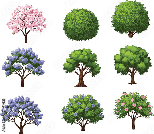 Collection of nine diverse trees illustration, seasonal foliage and blossoms, botanical artwork, natural landscape design elements, eco-friendly educational resource graphics