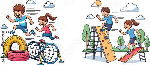 Active kids playing on outdoor obstacle course, running, climbing, and having fun in playground park under sunny sky, fitness activity.