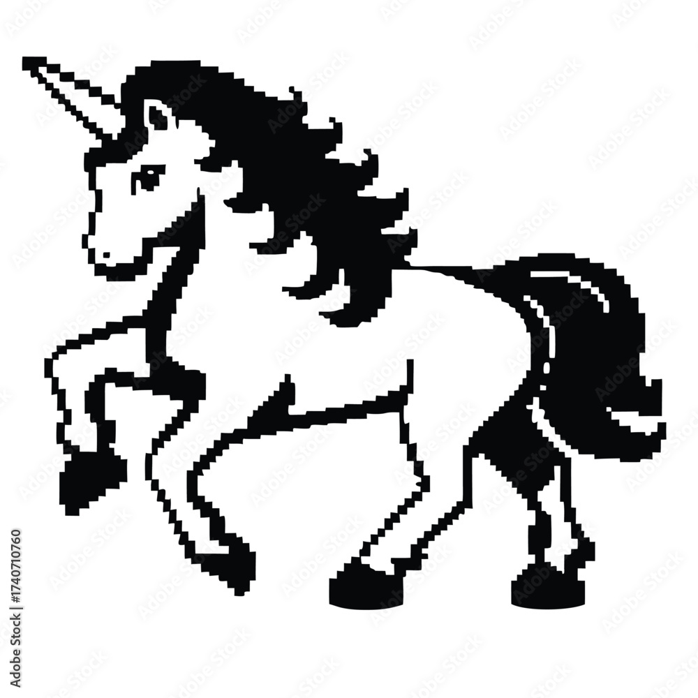 Fototapeta premium Pixelated White Unicorn with Detailed Mane on White Background