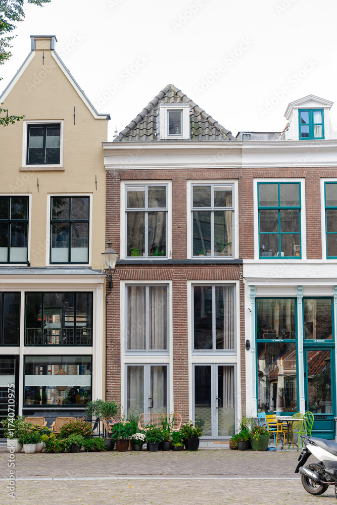 Naklejka premium Charming historic architecture of colorful buildings with vibrant exteriors and inviting greenery near doorway.