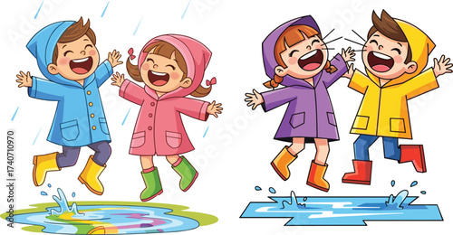 Happy kids jumping in rain puddles wearing colorful raincoats and boots, enjoying rainy day fun, outdoor play, childhood joy.