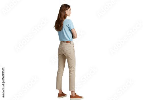 Young woman in casual outfit isolated, wearing jeans and sneakers, back view, full length, fashion and lifestyle concept