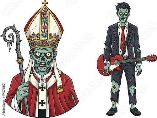 Zombie Pope and Rock Guitarist Illustration, Halloween Concept, Undead Characters in Costume, Scary Cartoon Art, Spooky Graphic for Design