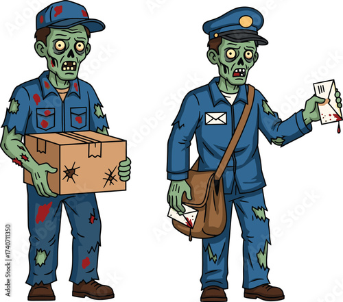 Zombie delivery worker holding box, undead mailman with bloody letter, horror cartoon characters, spooky Halloween illustration, creepy undead workers concept