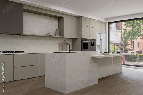 Fotografía Modern luxury kitchen with quartz backsplash, pendant lamps, wooden flooring, and seamless cabinetry