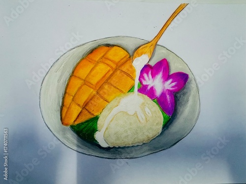 A realistic painting of Thai mango sticky rice with ripe yellow mango, sweet coconut sauce, and glutinous rice.