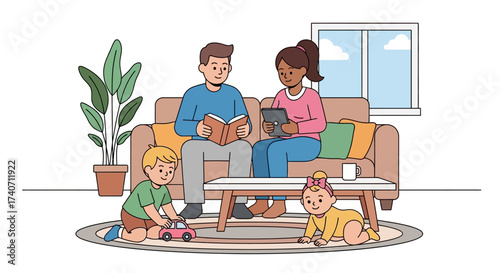 Family at home flat design Vector illustration in cartoon style