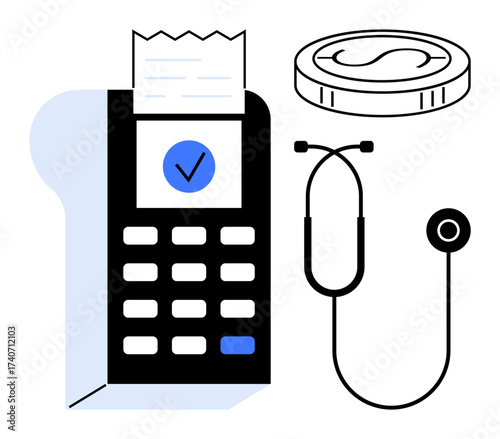 Payment terminal with receipt, a coin, and a stethoscope symbolizing the financial aspect of medical services. Ideal for health insurance, fintech, healthcare funding, billing, medical economics