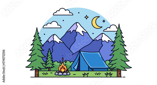 Camp site. Nature camping landscape with tent and campfire, summer forest camp flat vector illustration. Cartoon camping view