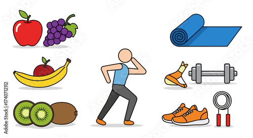 Healthy Lifestyle Concept set. Fitness equipment, nutritious foods and sports activities. Balanced and active lifestyle for wellbeing. Trendy modern vector illustration isolated on white, flat design