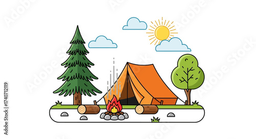 Camp site. Nature camping landscape with tent and campfire, summer forest camp flat vector illustration. Cartoon camping view