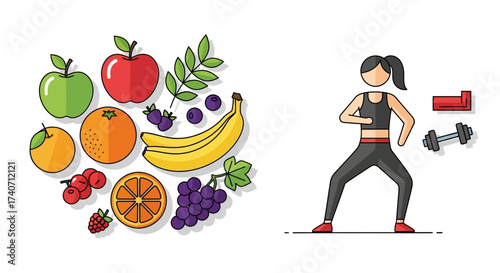 Healthy Lifestyle Concept set. Fitness equipment, nutritious foods and sports activities. Balanced and active lifestyle for wellbeing. Trendy modern vector illustration isolated on white, flat design
