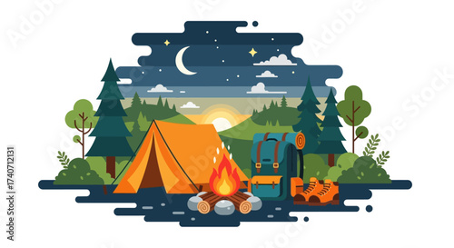 Camp site. Nature camping landscape with tent and campfire, summer forest camp flat vector illustration. Cartoon camping view