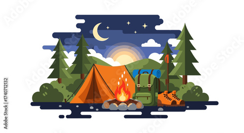 Camp site. Nature camping landscape with tent and campfire, summer forest camp flat vector illustration. Cartoon camping view