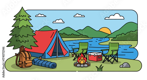 Camp site. Nature camping landscape with tent and campfire, summer forest camp flat vector illustration. Cartoon camping view