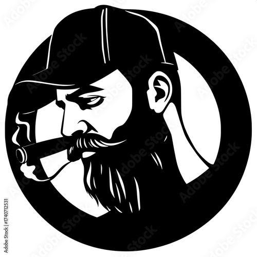 Iconic silhouette logo of a bearded man wearing a curved brim baseball cap, posed in a side profile view, with a cigar clenched between his lips, thin wisps of smoke rising upward, set against a clean