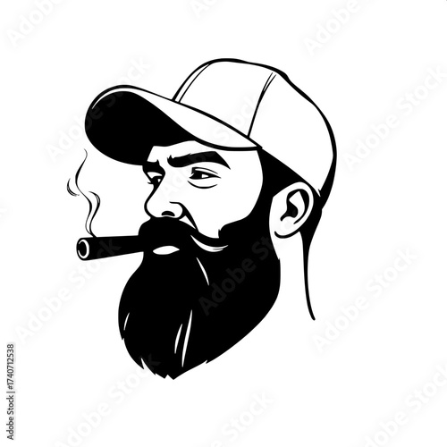 Iconic silhouette logo of a bearded man wearing a curved brim baseball cap, posed in a side profile view, with a cigar clenched between his lips, thin wisps of smoke rising upward, set against a clean