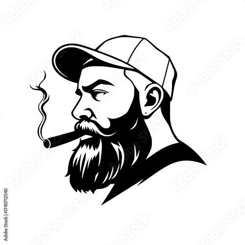 Iconic silhouette logo of a bearded man wearing a curved brim baseball cap, posed in a side profile view, with a cigar clenched between his lips, thin wisps of smoke rising upward, set against a clean