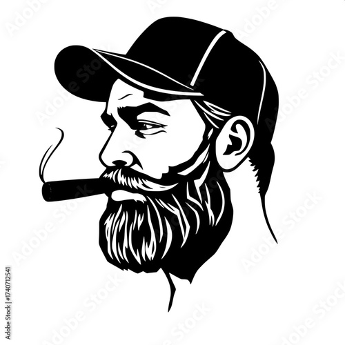 Iconic silhouette logo of a bearded man wearing a curved brim baseball cap, posed in a side profile view, with a cigar clenched between his lips, thin wisps of smoke rising upward, set against a clean